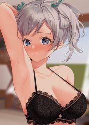 Rule 34 | 1girl, arm up, armpits, black bra, blue eyes, blurry, blurry background, blush, bra, breasts, ciel alencon, cleavage, commission, depth of field, embarrassed, god eater, god eater 2: rage burst, grey hair, hair ribbon, highres, large breasts, lingerie, looking at viewer, mukuro usss, ribbon, skeb commission, solo, steaming body, strap gap, twintails, underwear, upper body