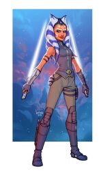 Rule 34 | 1girl, ahsoka tano, alien, artist name, belt, blue eyes, boots, brown pants, cloud, commentary, dual wielding, energy sword, english commentary, full body, highres, holding, holding lightsaber, knee pads, lightsaber, looking at viewer, lorna-ka, pants, reverse grip, sleeveless, solo, standing, star wars, star wars: the clone wars, sword, vambraces, watermark, weapon, white lightsaber