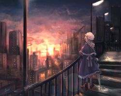 Rule 34 | 1girl, aircraft, blonde hair, bow, brown footwear, building, capelet, city, cityscape, closed umbrella, cloud, cloudy sky, commentary, dirigible, dress, fence, frilled dress, frills, from behind, full body, gensou aporo, hat, holding, holding umbrella, lamppost, lens flare, long hair, long sleeves, maribel hearn, mob cap, purple capelet, purple dress, railing, scenery, shoes, signature, sky, skyscraper, sleeve cuffs, socks, solo, stairs, standing, sunset, touhou, umbrella, waist bow, white bow, white hat, white socks, wide shot, window