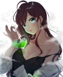 Rule 34 | 1girl, ahoge, blue eyes, breasts, brown hair, cleavage, earrings, highres, holding, ichinose shiki, idolmaster, idolmaster cinderella girls, jewelry, lab coat, long hair, looking at viewer, medium breasts, off shoulder, solo, tongue, tongue out, upper body, wavy hair, wenquangua