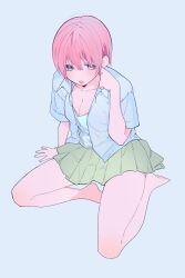 Rule 34 | 1girl, arm at side, arm support, bare legs, barefoot, blue eyes, blush, breasts, cleavage, collarbone, commentary, dress shirt, eyebrows hidden by hair, eyelashes, from above, full body, go-toubun no hanayome, green skirt, hair between eyes, hand up, highres, hot, large breasts, light blue background, miniskirt, nakano ichika, open clothes, open mouth, open shirt, pink hair, pleated skirt, school uniform, shirt, short hair, short sleeves, simple background, sitting, skirt, solo, spread legs, thighs, valentine (02140314c), white shirt