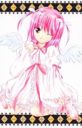 Rule 34 | 1girl, amulet angel, angel, dress, hinamori amu, jewelry, lace, magical girl, official art, one eye closed, peach-pit, pink hair, ribbon, scan, short hair, shugo chara!, smile, solo, wings, wink, yellow eyes
