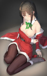 Rule 34 | 1girl, absurdres, alternate costume, bad id, bad pixiv id, bare shoulders, belt, black background, black belt, black hair, black pantyhose, blush, breasts, christmas, cleavage, coat, detached collar, dress, fur-trimmed coat, fur-trimmed dress, fur trim, green neckwear, hair between eyes, hair ornament, hairclip, highres, kantai collection, long hair, long sleeves, medium breasts, nipples, no bra, oyashio (kancolle), pallad, pantyhose, red coat, red dress, ribbon, simple background, sitting, solo, strapless, strapless dress, yellow eyes