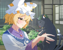 Rule 34 | 1girl, black cat, blonde hair, blurry, blurry background, cat, chen, chen (cat), closed eyes, closed mouth, ear piercing, green headwear, hat, highres, long sleeves, looking at another, mob cap, multiple tails, nekomata, piercing, short hair, tabard, tail, tasuku (tusktouhou4), touhou, two tails, upper body, white headwear, yakumo ran, yellow eyes