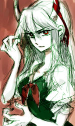 Rule 34 | 1girl, angry, ex-keine, female focus, gradient background, horns, kamishirasawa keine, long hair, looking at viewer, pale skin, partially colored, puffy sleeves, red eyes, shinoasa, sketch, solo, touhou