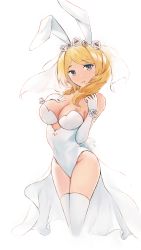 Rule 34 | 1girl, absurdres, animal ears, bare shoulders, blonde hair, blue eyes, breasts, bridal veil, bride, cleavage, coattails, commentary request, curly hair, dress, fake animal ears, fake tail, flower, gloves, hand on own chest, highleg, highleg leotard, highres, leotard, looking at viewer, medium breasts, modothirly, original, parted bangs, parted lips, playboy bunny, rabbit tail, rose, simple background, solo, strapless, strapless leotard, tail, thighhighs, veil, white background, white dress, white flower, white gloves, white leotard, white rose, white thighhighs