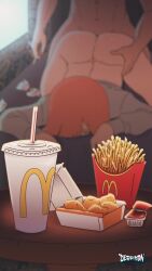 Rule 34 | 1boy, 1girl, animated, artist name, ass, blurry, bob cut, bottomless, bouncing ass, chicken nuggets, cigarette, depth of field, derpixon, doggystyle, fast food, food, french fries, green shirt, hetero, highres, mcdonald&#039;s, moaning, mother (yoru mac), orange hair, penis, product girl, sex, sex from behind, shirt, short hair, solo focus, sound, squeakychiona (voice actor), tagme, top-down bottom-up, used tissue, video, yoru mac