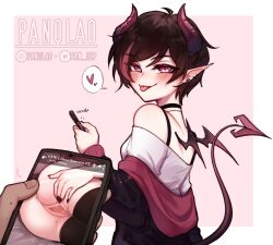 Rule 34 | 1girl, :p, artist name, bare shoulders, black choker, black jacket, blush, border, brown hair, choker, demon girl, demon tail, earrings, highres, holding, holding phone, horns, jacket, jewelry, long sleeves, mini wings, multicolored hair, off shoulder, original, pan (panqlao), panqlao, phone, pink background, pink eyes, pointy ears, pussy, red hair, shirt, short hair, smile, solo, tail, tongue, tongue out, two-tone hair, uncensored, white border, white shirt, wings