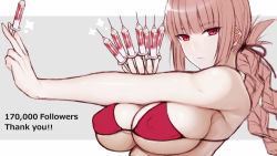 Rule 34 | 1girl, bare shoulders, bikini, braid, braided ponytail, breasts, cleavage, closed mouth, cocq taichou, collarbone, fate/grand order, fate (series), florence nightingale (fate), folded ponytail, large breasts, long hair, looking at viewer, pink hair, red bikini, red eyes, solo, swimsuit, syringe