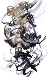 Rule 34 | 1girl, absurdres, armor, arms up, black legwear, braid, chain, dress, frills, gauntlets, greaves, half-closed eyes, high heels, highres, holding, holding sword, holding weapon, knight, long hair, original, parted lips, revision, senano-yu, solo, sword, vambraces, weapon, yellow eyes