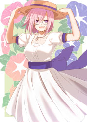 Rule 34 | 1girl, alternate costume, bare shoulders, breasts, collarbone, commentary request, dress, fate/grand order, fate (series), glasses, gloves, hair over one eye, hat, highres, jewelry, large breasts, long dress, looking at viewer, mash kyrielight, necklace, open mouth, pink eyes, pink hair, purple eyes, purple hair, shiime, short hair, short sleeves, smile, solo, teeth, upper teeth only, white dress