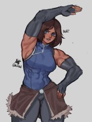 Rule 34 | 1girl, abs, arm up, armpits, artist name, avatar legends, blue eyes, breasts, brown hair, elbow sleeve, english text, gabriel ales, hand on own hip, highres, korra, large breasts, muscular, muscular female, short hair, skirt, solo, the legend of korra, thick thighs, thighs