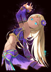 Rule 34 | 1girl, aqua eyes, arabian clothes, arched back, armpits, arms up, bare shoulders, blonde hair, bracelet, breasts, bridal gauntlets, circlet, dancer, dark-skinned female, dark skin, elbow gloves, flower, gloves, groin, hair flower, hair ornament, harem outfit, highres, idolmaster, idolmaster cinderella girls, jewelry, layla (idolmaster), long hair, looking at viewer, midriff, nail polish, navel, okeno kamoku, parted lips, purple gloves, small breasts, solo, straight hair, strapless, tube top