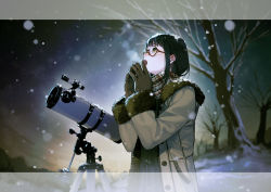 Rule 34 | 1girl, absurdres, bare tree, beige coat, black hair, blurry, blurry background, blush, breath, brown gloves, brown scarf, coat, cold, ears visible through hair, eyelashes, fur-trimmed sleeves, fur trim, gloves, highres, kyo (kuroichigo), long eyelashes, long hair, night, night sky, open clothes, open coat, open mouth, original, outdoors, plaid, plaid scarf, scarf, sky, snow, snow on head, snowing, solo, teeth, telescope, tree, upper teeth only, winter clothes, yellow eyes