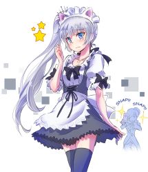 Rule 34 | 2girls, alternate costume, animal ears, apron, blue eyes, blush, cat ears, cellphone, commentary request, enmaided, fake animal ears, holding, holding clothes, holding skirt, iesupa, maid, maid apron, maid headdress, multiple girls, phone, ponytail, rwby, scar, scar across eye, scar on face, skirt, smartphone, taking picture, thighhighs, weiss schnee, white hair, winter schnee