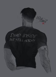 Rule 34 | 1boy, arm hair, back, back focus, bara, call of duty, call of duty: modern warfare 2, clothes writing, cropped torso, english text, from behind, highres, language request, male focus, mature male, muscular, muscular male, neick hitlz, shirt, short hair, solo, t-shirt, victor 1-1 (modern warfare 2)