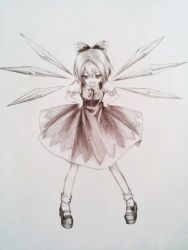 Rule 34 | 1girl, bow, cirno, dress, graphite (medium), hair bow, hands on own hips, ice, ice wings, kuraimu (nico), mary janes, monochrome, pinafore dress, shoes, short hair, sleeveless dress, socks, solo, touhou, traditional media, wings