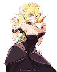 Rule 34 | 1girl, aa2233a, armlet, black dress, black nails, blonde hair, blue eyes, bowsette, bracelet, breasts, breath weapon, breathing fire, cleavage, clenched hand, collar, crown, dress, earrings, fire, hand up, horns, jewelry, large breasts, looking at viewer, mario (series), medium hair, nail polish, new super mario bros. u deluxe, nintendo, ponytail, shell, smile, spiked armlet, spiked bracelet, spiked collar, spikes, standing, super crown, watermark, web address, white background