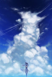 Rule 34 | 1girl, artist name, azur lane, bare shoulders, blue sky, cloud, day, dress, elbow gloves, floating hair, from behind, garter straps, gloves, hand on headwear, hat, highres, illustrious (azur lane), long hair, low twintails, outdoors, see-through, shoulder blades, sky, skyde kei, solo, sun hat, thigh gap, thighhighs, twintails, white dress, white gloves, white hair, white hat, white thighhighs, wind, wind lift