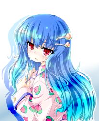 Rule 34 | 1girl, blue hair, female focus, gradient background, hair ornament, hairclip, highres, hinanawi tenshi, iseno yajin, long hair, pajamas, red eyes, solo, tears, touhou, upper body, white background