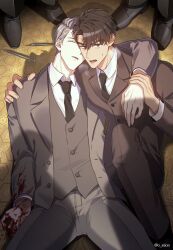 Rule 34 | 2boys, absurdres, black necktie, blood, blood on hands, brown eyes, brown hair, brown suit, formal, highres, ilay riegrow, jeong taeui, male focus, multiple boys, necktie, o ssion, open mouth, passion (manhwa), short hair, suit, sweatdrop, syringe, unconscious, white hair