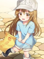 Rule 34 | 10s, 1girl, :d, black footwear, blue shirt, blush, boots, brown eyes, brown shorts, character name, clothes writing, commentary, flag, flat cap, grey hat, hair between eyes, hat, hataraku saibou, holding, holding flag, kaoling, light brown hair, long hair, open mouth, platelet (hataraku saibou), shirt, short shorts, short sleeves, shorts, smile, solo, standing, standing on one leg, translation request, very long hair