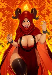 Rule 34 | 1girl, absurdres, areola slip, belt, black thighhighs, blush, breasts, broken, broken chain, bursting breasts, cape, chain, chained wrists, cleavage, commentary, constricted pupils, curvy, dark-skinned female, dark skin, demon girl, demon horns, demon tail, dress, english commentary, eyeliner, eyeshadow, fingernails, fire, forehead, highres, hijab, hood, hooded cape, horns, huge breasts, large breasts, lipstick, long dress, makeup, nail polish, nigaw, no bra, orange eyes, original, pelvic curtain, red cape, red dress, red hood, red nails, sharp fingernails, sharp teeth, shiny skin, side slit, skindentation, solo, suspenders, tail, teeth, thick eyebrows, thick thighs, thighhighs, thighs, tongue, tongue out, wide hips