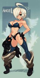 Rule 34 | 1girl, ahoge, alex ahad, angel (kof), bare shoulders, breasts, cleavage, fingerless gloves, gloves, hair over one eye, highres, large breasts, midriff, navel, snk, solo, the king of fighters