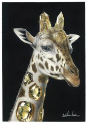 Rule 34 | abe yuichiro, animal focus, black background, citrine (gemstone), colored pencil (medium), crystal, giraffe, highres, no humans, original, portrait, simple background, traditional media