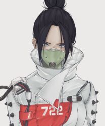 Rule 34 | 1girl, 72 (ru0710natsu), animification, apex legends, black hair, blue eyes, cable, grey background, hair behind ear, hair bun, head tilt, jacket, looking at viewer, mask, mouth mask, official alternate costume, parted bangs, portrait, quarantine 722 wraith, single hair bun, solo, white jacket, wraith (apex legends)
