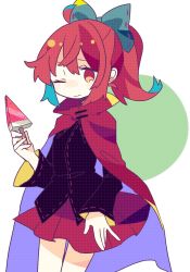 Rule 34 | 1girl, ahoge, alternate hairstyle, bad id, bad twitter id, black shirt, blue bow, bow, cape, cowboy shot, daizu (melon-lemon), food, hair between eyes, highres, long sleeves, miniskirt, one eye closed, ponytail, popsicle, red cape, red eyes, red hair, red skirt, sekibanki, shirt, simple background, skirt, solo, touhou, watermelon bar, wide sleeves
