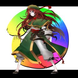 Rule 34 | 1girl, bad id, bad pixiv id, blue eyes, braid, capelet, collaboration, colorized, female focus, full body, hat, highres, hong meiling, kintaro, kusakanmuri, long hair, pants, red hair, solo, touhou, twin braids