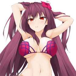 Rule 34 | 1girl, alternate costume, armpits, arms up, bikini, breasts, cleavage, commentary request, fate/grand order, fate (series), flower, hair flower, hair intakes, hair ornament, hands in hair, hibiscus, hinata masaki, large breasts, looking at viewer, navel, pink bikini, purple bikini, purple hair, red eyes, scathach (fate), scathach (fate), scathach (swimsuit assassin) (fate), solo, swimsuit, white background