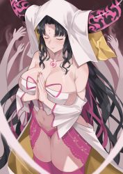 Rule 34 | 1girl, absurdres, bare shoulders, black hair, breasts, chest tattoo, cleavage, closed eyes, collarbone, dress, facial mark, fate/extra, fate/extra ccc, fate (series), forehead mark, fromgod jungle, ghost hands, highres, horns, large breasts, long hair, long sleeves, own hands together, panties, parted bangs, pink panties, pink thighhighs, sessyoin kiara, sideboob, smile, tattoo, thighhighs, thighs, underwear, veil, very long hair, wavy hair, white dress, wide sleeves