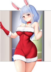 Rule 34 | 1girl, absurdres, animal ear fluff, animal ears, bare shoulders, bell, blue hair, blush, breasts, choker, cleavage, closed mouth, covered navel, dress, fur-trimmed dress, fur-trimmed gloves, fur trim, gloves, highres, hololive, jingle bell, large breasts, lips, long hair, looking at viewer, mature female, mole, mole under eye, narrow waist, nassss, neck bell, pekomama, rabbit ears, rabbit girl, red choker, red dress, red eyes, short eyebrows, sleeveless, sleeveless dress, solo, strapless, strapless dress, thick eyebrows, virtual youtuber
