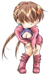 Rule 34 | 1girl, bent over, boots, breasts, brown hair, chibi, cleavage, cleavage cutout, clothing cutout, cropped jacket, hair over eyes, hands on own knees, highres, knee boots, large breasts, leotard, long hair, miniskirt, shermie (kof), shyue, skirt, solo, split ponytail, the king of fighters, twintails
