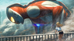 Rule 34 | 1boy, 1girl, alien, ass, bare shoulders, bent over, black skirt, blonde hair, blue sky, building, city, day, dirt, dust, epic, from behind, giant, glowing, glowing eyes, handrail, kaijin, miniskirt, off-shoulder shirt, off shoulder, railing, seijin, shirt, signature, sinad aruatjanapat, size difference, skirt, sky, skyscraper, superhero costume, tsuburaya productions, ultra series, ultraman, ultraman (1st series), waves, wind
