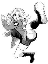 Rule 34 | 1girl, bonkara (sokuseki maou), boots, breasts, flying kick, girls und panzer, greyscale, highres, jacket, kay (girls und panzer), kicking, looking to the side, monochrome, open mouth, short shorts, shorts, small breasts, solo, star (symbol), thighhighs, v-shaped eyebrows, white background