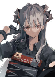 Rule 34 | 1girl, absurdres, arknights, black gloves, black shirt, brown eyes, collared shirt, dress shirt, gloves, grey hair, hair between eyes, half gloves, hand up, highres, horns, long hair, looking at viewer, multiple horns, parted lips, saria (arknights), shirt, simple background, solo, tokorinowa, upper body, very long hair, white background
