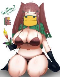 Rule 34 | 1girl, absurdres, at2., bikini, blush, breasts, brown bikini, brown hair, closed eyes, covered mouth, flower, highres, huge breasts, humanization, kneeling, minecraft, navel, sniffer (minecraft), swimsuit, twintails