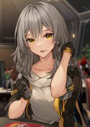 Rule 34 | 2girls, black jacket, blurry, blurry background, commentary request, food, grey hair, highres, himeko (honkai: star rail), holding, holding food, hollyyn, honkai: star rail, honkai (series), indoors, jacket, long hair, looking at viewer, multiple girls, open clothes, open jacket, open mouth, pocky, shirt, solo focus, stelle (honkai: star rail), trailblazer (honkai: star rail), upper body, white shirt, yellow eyes