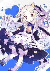 Rule 34 | 1girl, :|, animal ears, animal print, bell, black footwear, blue bow, blue eyes, blush, bottle, bow, bowtie, buttons, closed mouth, commentary, cow ears, cow girl, cow print, dress, expressionless, footwear bow, frilled dress, frills, full body, grey hair, hair bow, hair ornament, heart, high ponytail, highres, kneehighs, layered dress, long hair, looking at viewer, milk, milk bottle, neck bell, original, outstretched hand, parted bangs, ribbon-trimmed sleeves, ribbon trim, saijo1201, signature, socks, solo
