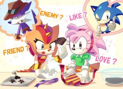 Rule 34 | 2boys, 2girls, ?, amy rose, belt, bowl, box, brown belt, brown headwear, chocolate, cowboy hat, dress, english text, fang the sniper, fedora, food, furry, furry female, furry male, gloves, green shirt, hand on own hip, hat, heart, heart-shaped box, holding, holding chocolate, holding food, multiple boys, multiple girls, one eye closed, open mouth, orange skirt, plus2sf, puffy short sleeves, puffy sleeves, purple ribbon, red dress, ribbon, shirt, short sleeves, skirt, sleeveless, sleeveless dress, sonic (series), sonic the hedgehog, sonic the hedgehog (classic), tray, trip the sungazer, white gloves