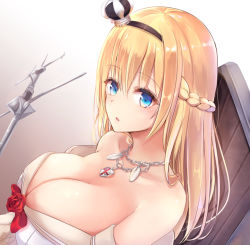 Rule 34 | 10s, 1girl, bare shoulders, blonde hair, blue eyes, braid, breasts, cleavage, crown, england, french braid, gradient background, hairband, jewelry, kantai collection, large breasts, long hair, mini crown, naigou, necklace, neneru, off shoulder, revision, solo, union jack, united kingdom, warspite (kancolle)