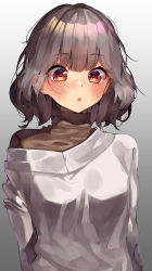 Rule 34 | 1girl, :o, bad id, bad pixiv id, blush, breasts, commentary, ears visible through hair, eyelashes, grey hair, highres, looking down, off shoulder, open mouth, orange eyes, original, se.a, short hair, solo, symbol-only commentary, turtleneck