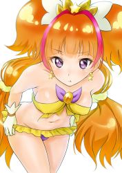 Rule 34 | 1girl, :t, adapted costume, amanogawa kirara, bad id, bad pixiv id, bare shoulders, bent over, bikini, breasts, clothes pull, cure twinkle, earrings, go! princess precure, jewelry, long hair, looking at viewer, multicolored hair, navel, orange hair, pout, precure, purple eyes, red hair, simple background, skirt, skirt pull, solo, star (symbol), star earrings, swimsuit, takeashiro, twintails, two-tone hair, undressing, white background, yellow bikini