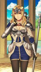 Rule 34 | 1girl, armor, blonde hair, breasts, brown eyes, cloud, fire emblem, fire emblem echoes: shadows of valentia, highres, holding, holding weapon, jewelry, lance, large breasts, long hair, looking at viewer, mathilda (fire emblem), mountainous horizon, necklace, nintendo, pantyhose, pillar, polearm, rimviolet, sky, upper body, weapon
