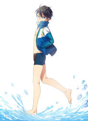 Rule 34 | 1boy, artist request, barefoot, black jammers, black male swimwear, blue jacket, blue jammers, blue male swimwear, from side, full body, hands in pockets, high speed!, jacket, jammers, looking at viewer, looking to the side, male focus, male swimwear, nanase haruka (free!), open clothes, open jacket, source request, swimsuit, water