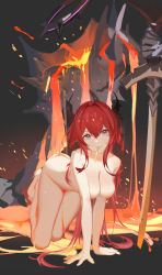 Rule 34 | 1girl, all fours, arknights, breasts, censored, cleavage, collarbone, commentary, completely nude, da (datako), demon horns, english commentary, hair intakes, highres, horns, id card, large breasts, long hair, mosaic censoring, nipples, nude, popsicle stick, purple eyes, red hair, surtr (arknights), thigh strap, very long hair
