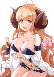 Rule 34 | 1girl, anila (granblue fantasy), anila (summer) (granblue fantasy), blonde hair, blush, breast hold, breasts, cleavage, draph, granblue fantasy, horns, kosuke (bb), large breasts, long hair, looking at viewer, open mouth, sheep horns, solo, thick eyebrows, yellow eyes